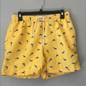 Yellow with blue Dolphin Print Swim Shorts men’s small drawstring waist